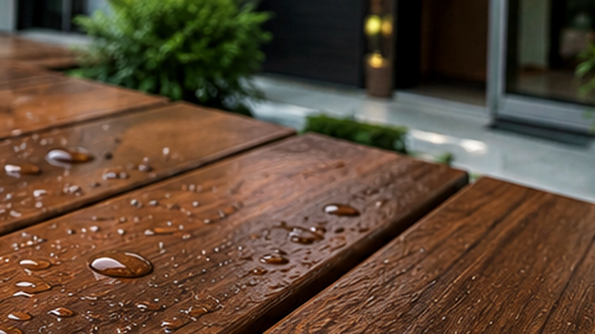 雨に濡れた濃褐色のウリンデッキの木目