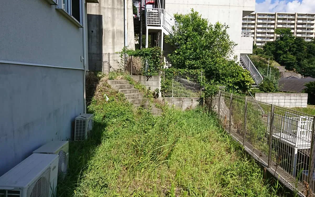 施工前の草が伸びた高低差のある庭と建物横のスペース