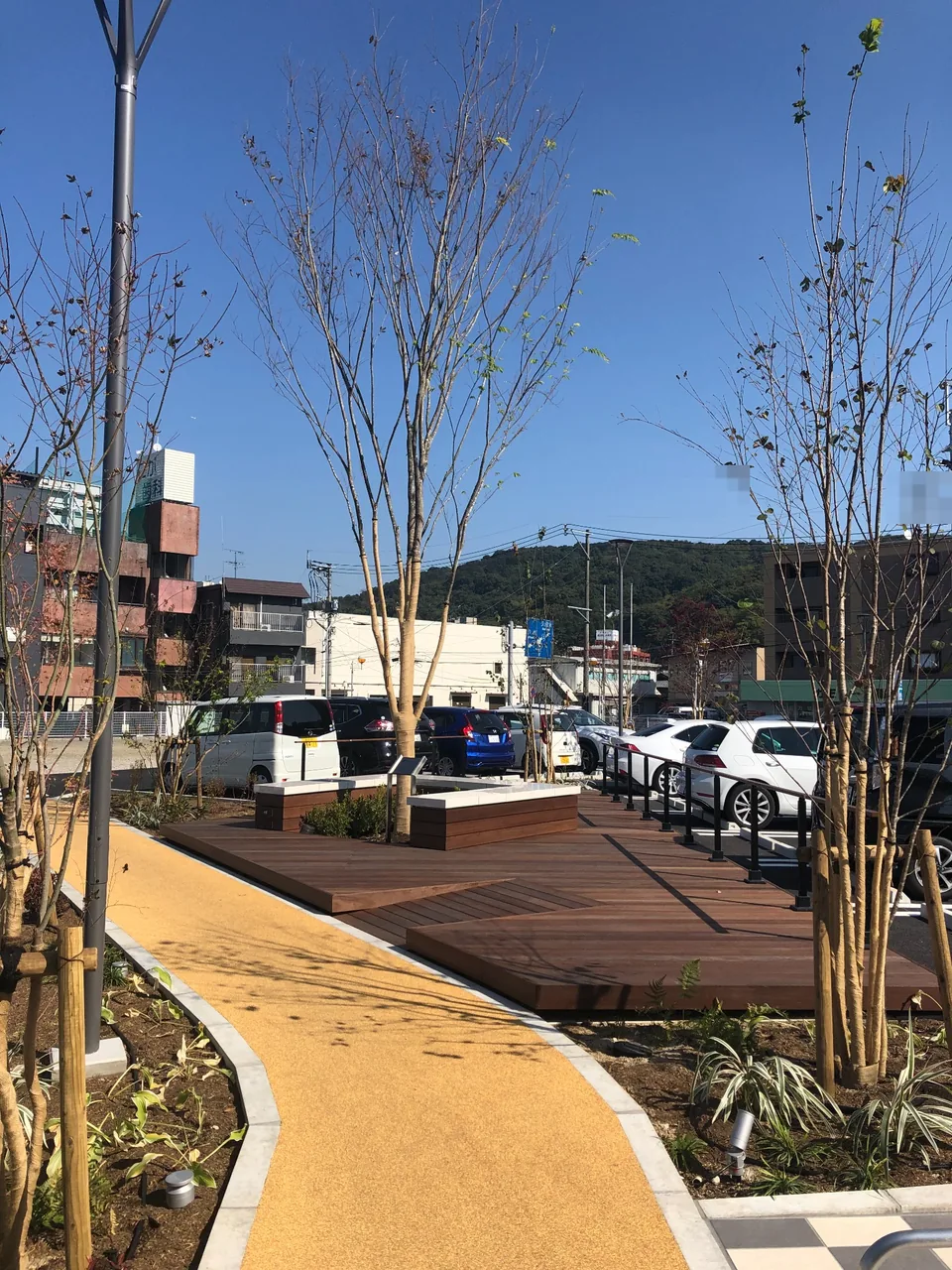 園路から見た植栽とウリンデッキの施設外構