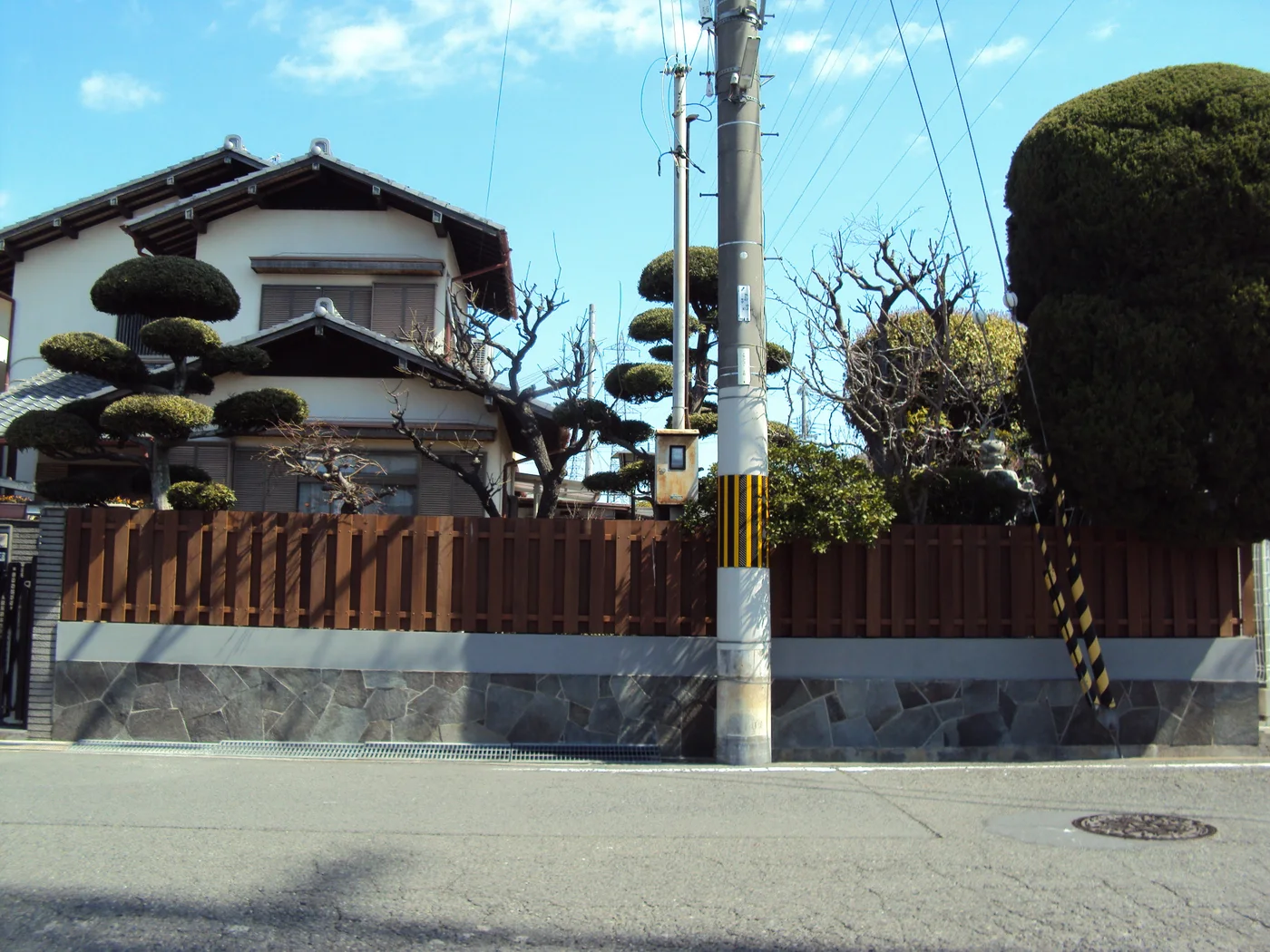 庭木と縦格子フェンスを含む道路側全景
