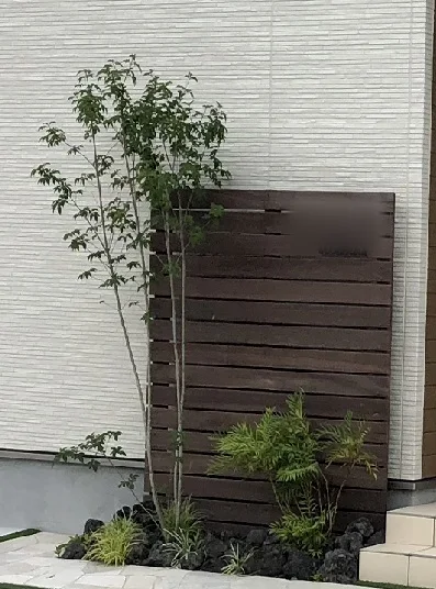樹木を背景にしたウリン玄関スクリーンの近景