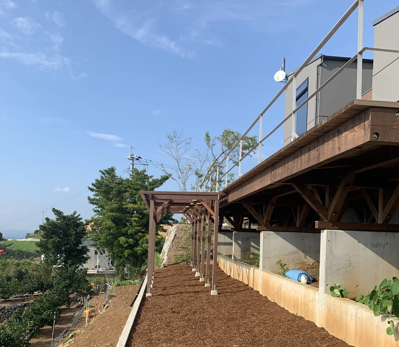 建物脇から見るパーゴラと高低差のある庭