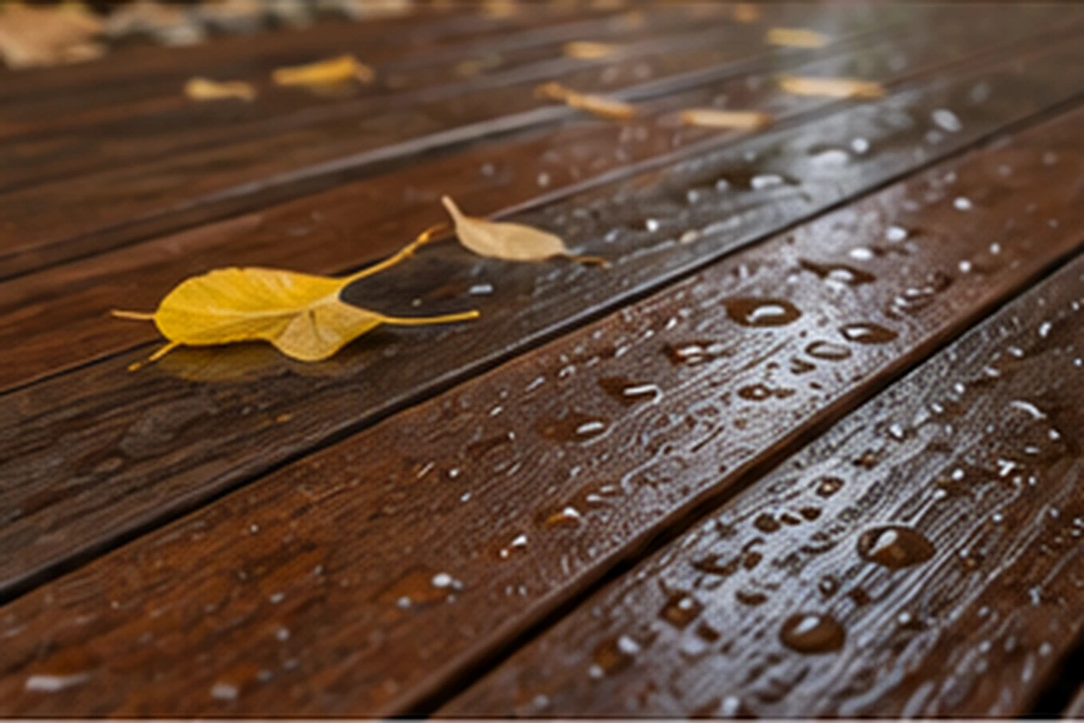 雨水をはじく濃褐色のウリンデッキ材の木目