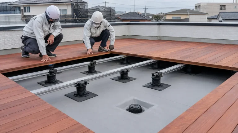 屋上の防水層を貫通せず保護パッドと支持脚でデッキ下地を計画する施工イメージ