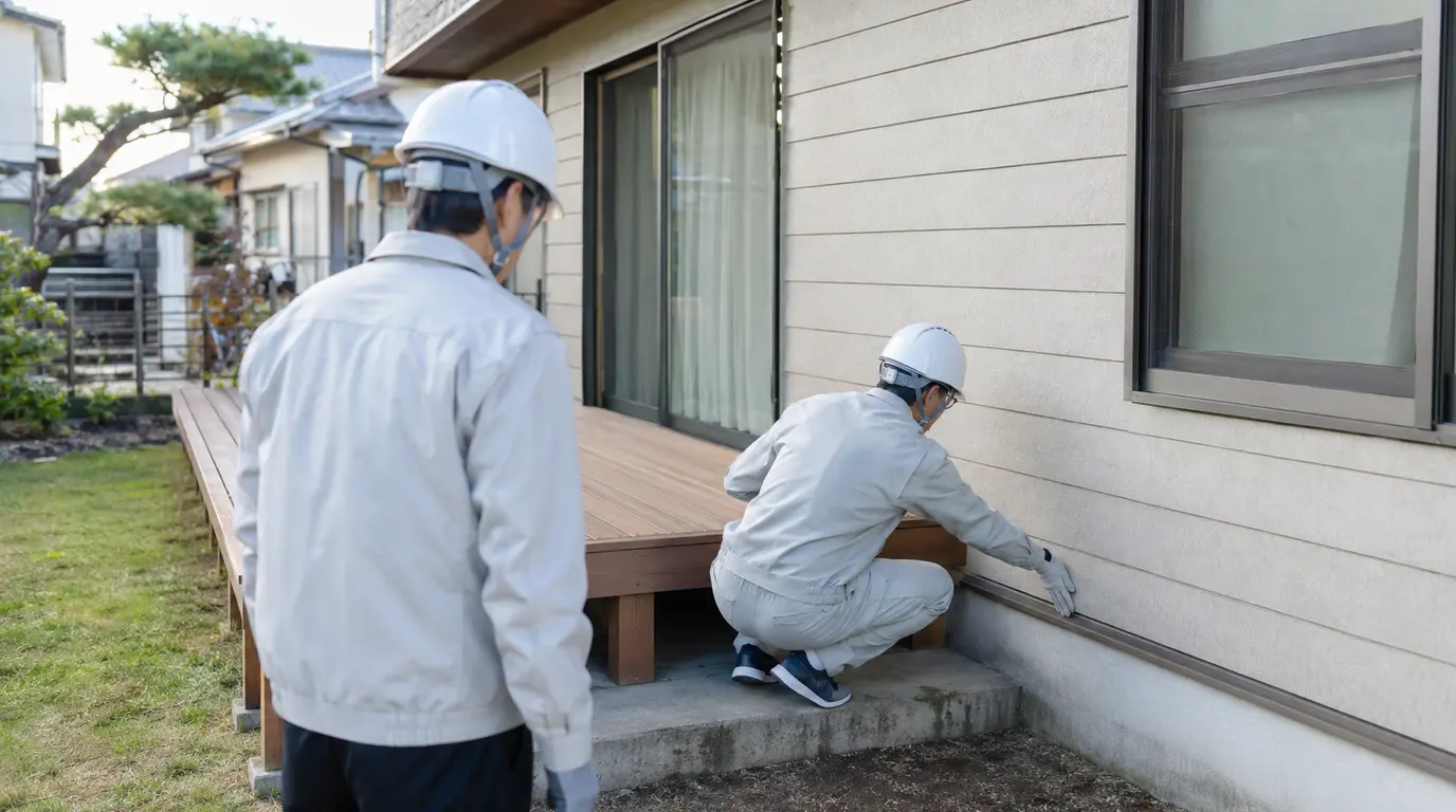 既存の外壁とウッドデッキの取り合いを着工前に確認する調査者と現場監督の施工イメージ