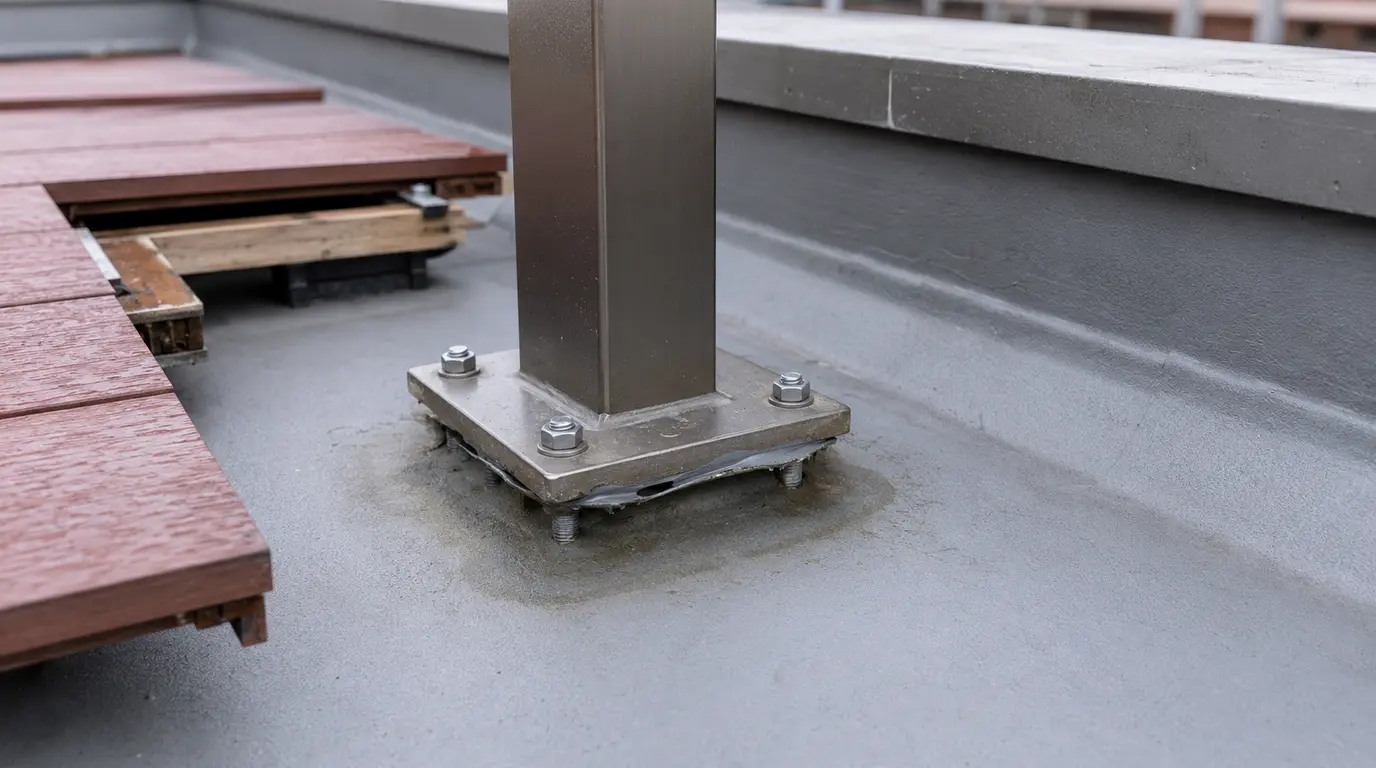防水層を貫通した金属支柱の基部に水分跡が見られる漏水リスクの施工イメージ