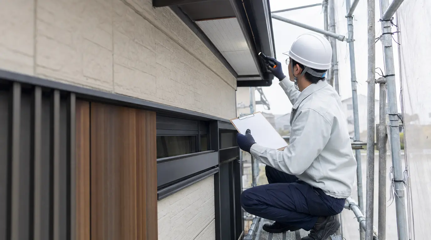 既存の外壁と軒天を損傷させず目視確認する調査者の施工イメージ