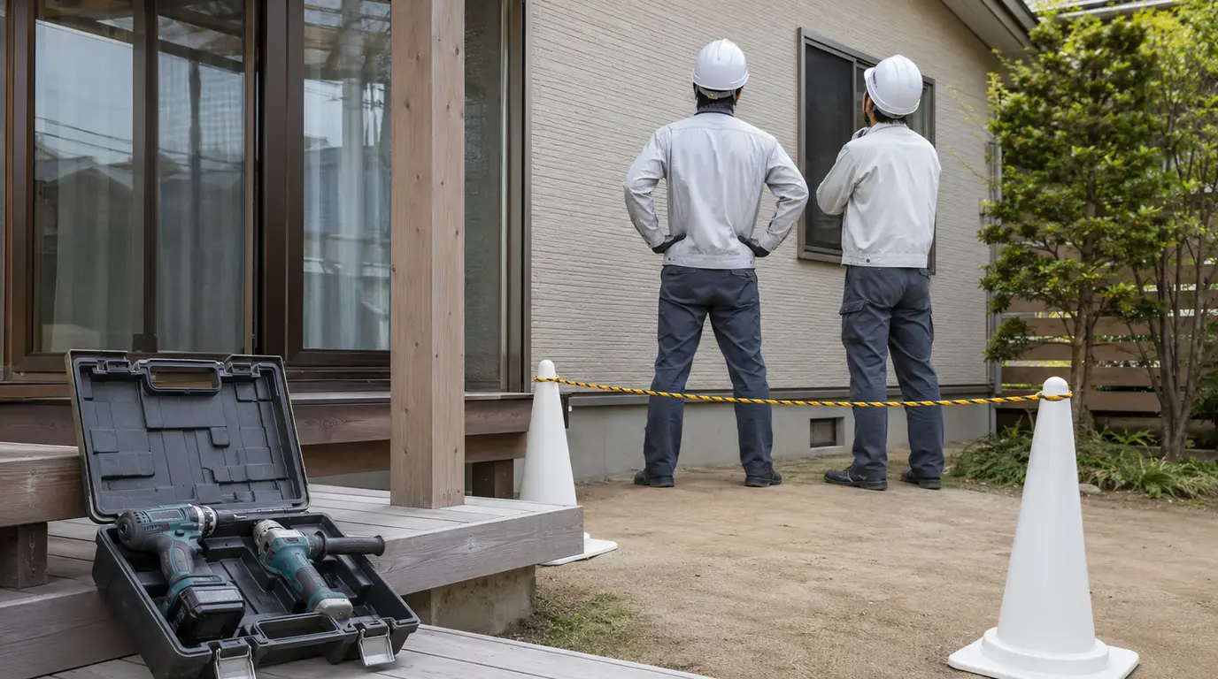 既存外壁への穿孔を始めず工具を置いて作業範囲を制限する施工イメージ
