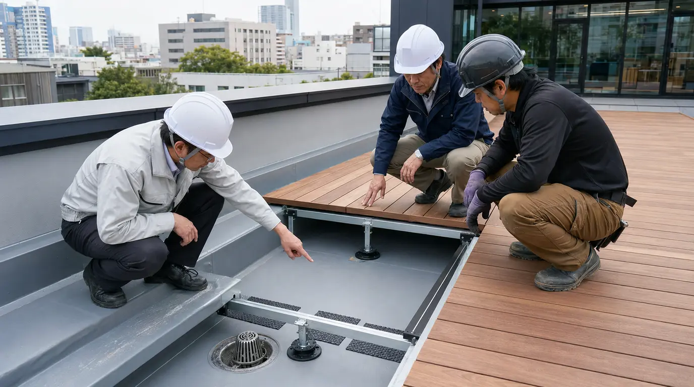 防水業者とデッキ施工者、施工管理者が屋上の納まりと責任分界を確認する打合せイメージ
