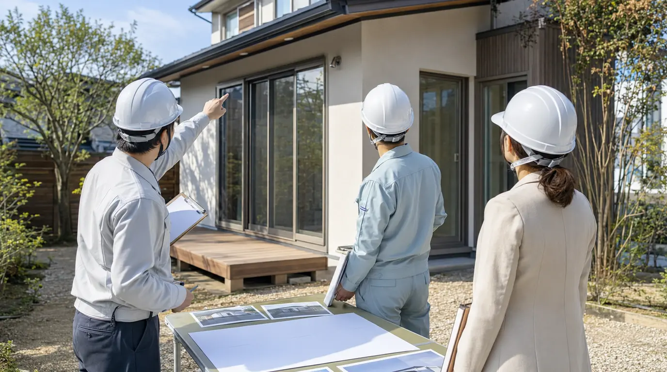 外構改修の着工前に調査範囲と工程を関係者で確認する打合せイメージ