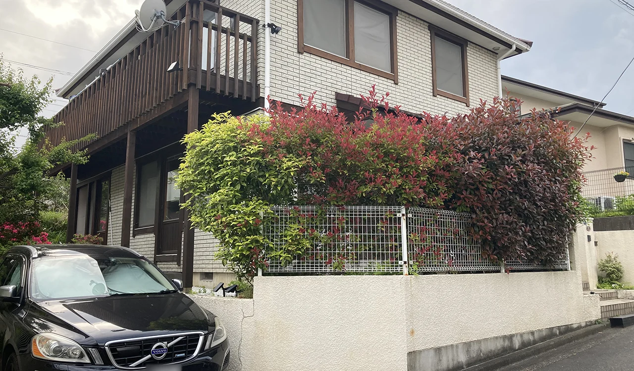 住宅の側面に連続する木製手すりと、足元の植栽の関係が分かります